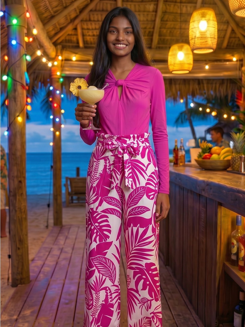 FARM Rio Hot Pink Long-Sleeve Twist-Front Bodysuit - Picture 2 of 7